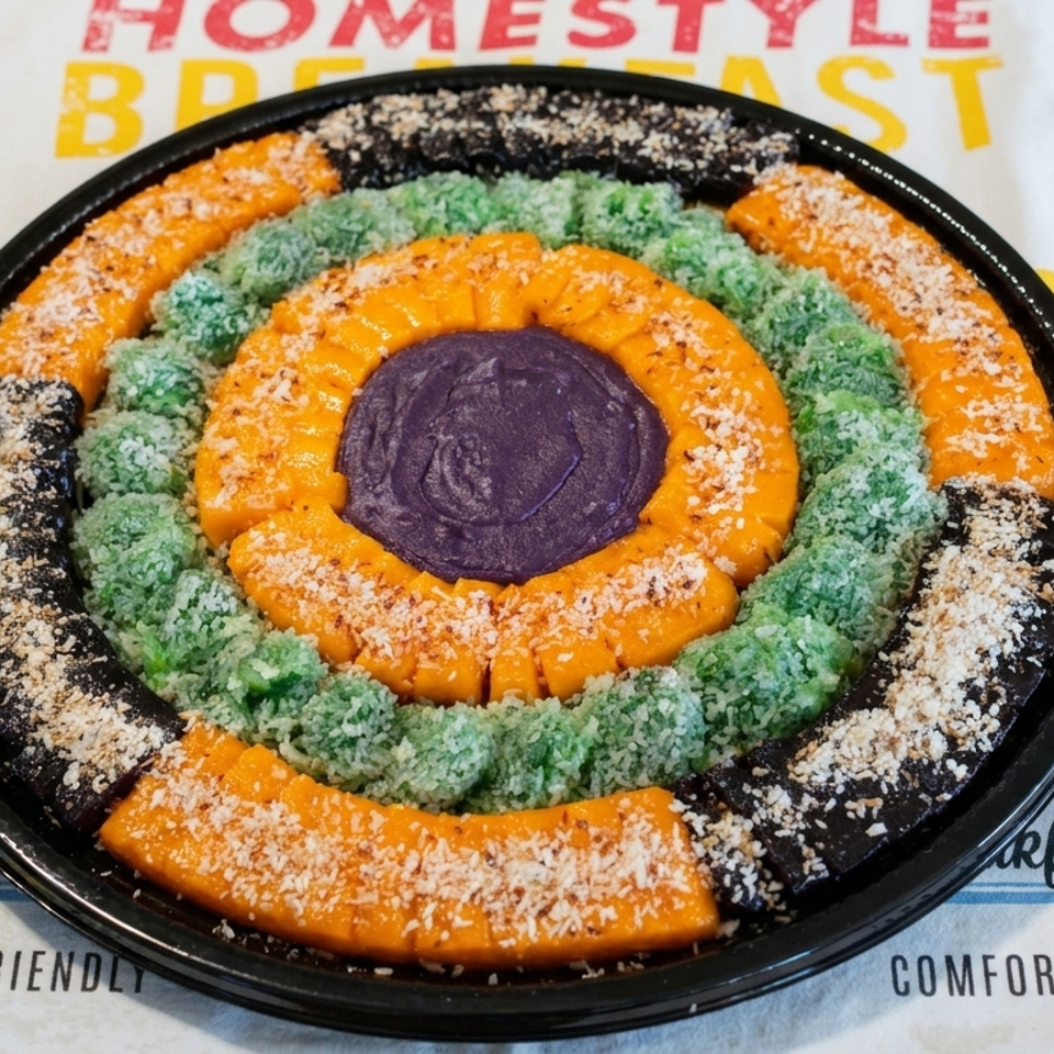 Colorful ring-shaped pastry platter with orange, green, and black sections, coconut topping, and purple center on a breakfast-themed placemat.