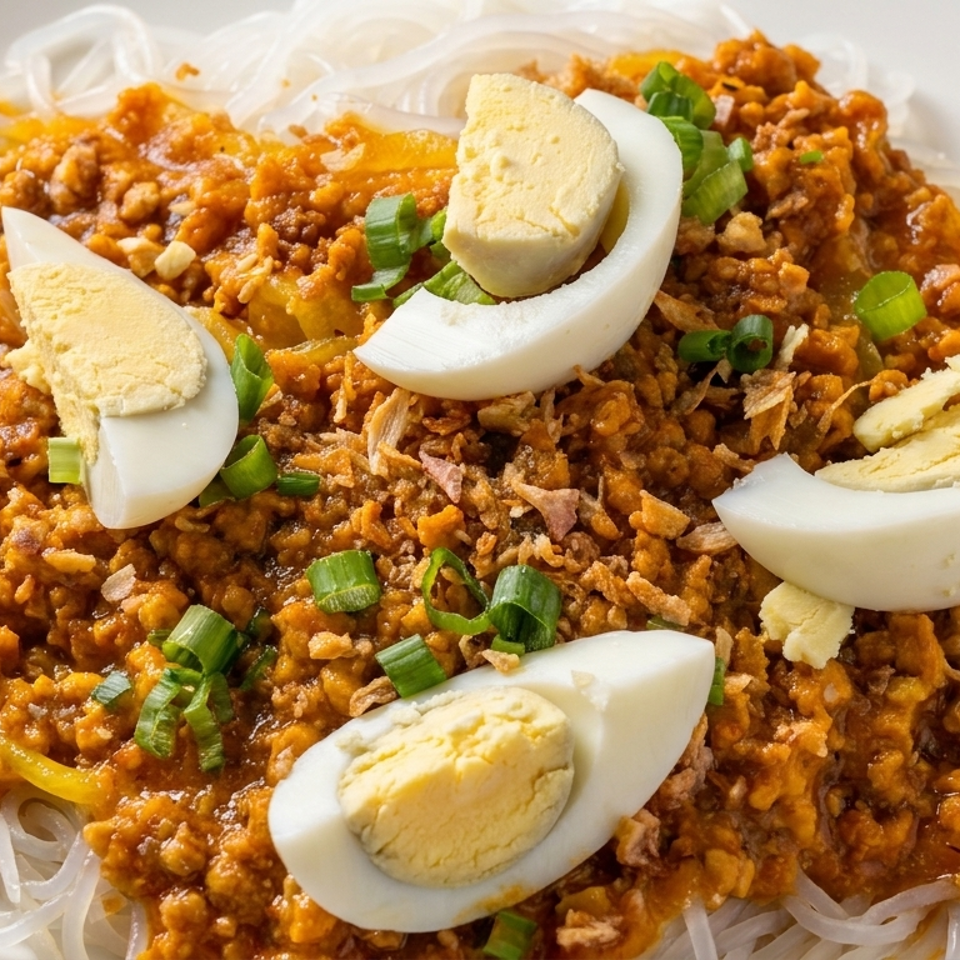 Rice noodles topped with spicy meat sauce, boiled egg wedges, green onions, crispy onions, and lemon.