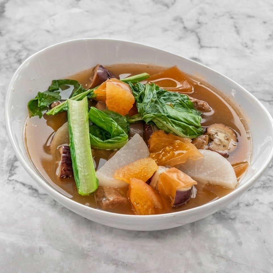 Bowl of clear broth soup with leafy greens, carrots, radish, and assorted vegetables on a marble countertop.