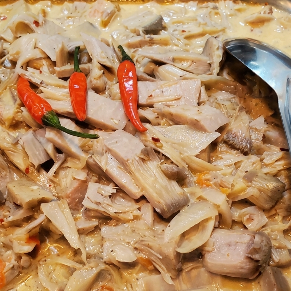 Creamy shredded jackfruit dish garnished with red and green chilies in a buffet tray with serving tongs.